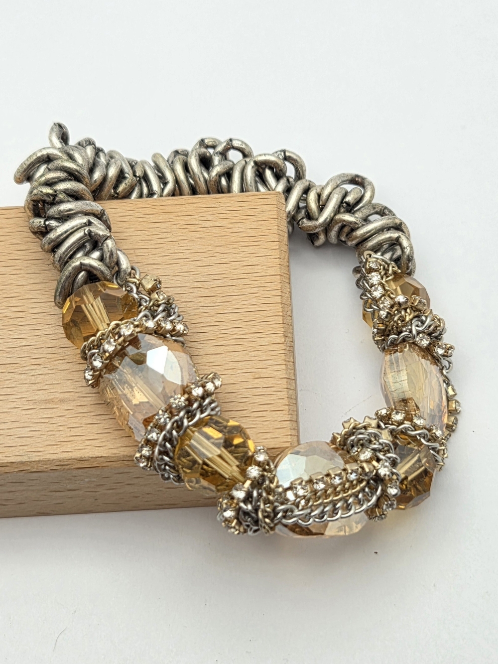 Mixed Metal Amber Crystal Stretch Bracelet Rhinestone Chain Chunky Statement